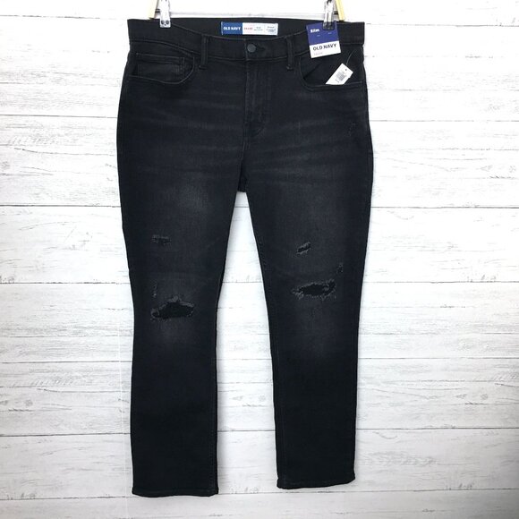 NEW Old Navy Men's Black Slim Straight Leg Jeans Distressed Stretch 34 x 29 READ - Picture 1 of 10